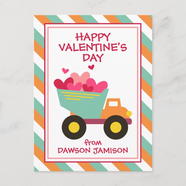 Striped Dump Truck Personalized Valentine's Cards (Front)