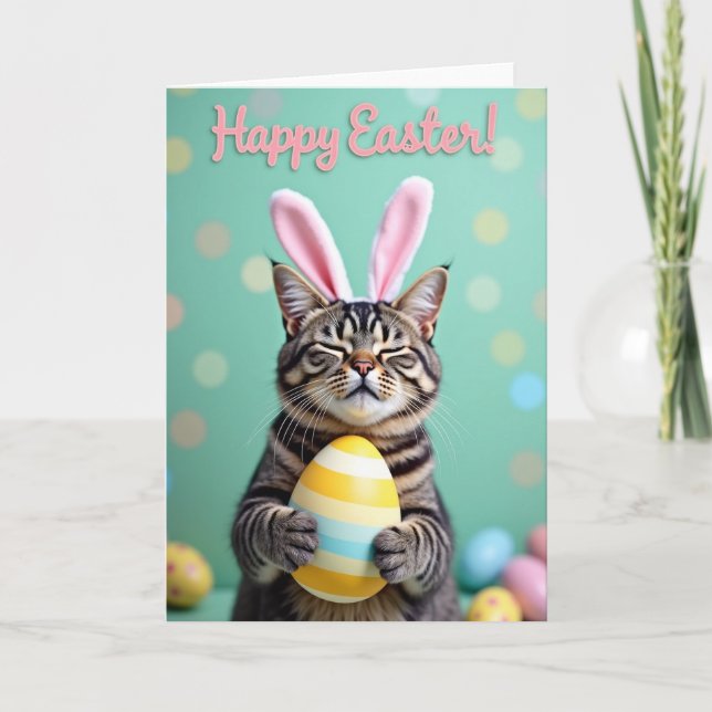 Striped Egg Happy Cat Season Card (Front)
