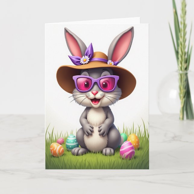 Striped Eggs Springtime Rabbit Card (Front)
