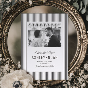 Striped Elegance Classy Script Save The Date Letterpress Photo Cards