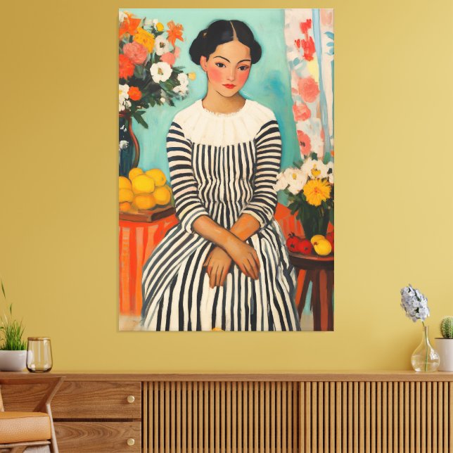 Striped Elegance with Flowers Canvas Print (Insitu(LivingRoom))