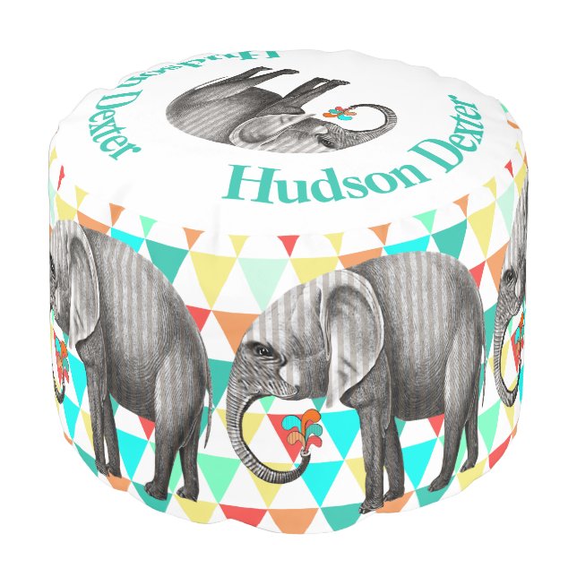 Striped Elephant Abstract Triangle Bunting Art Pouf (Angled Front)