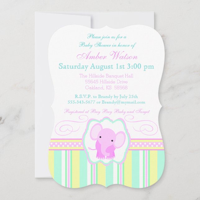 Striped Elephant Baby Girl Shower Invitation (Front)