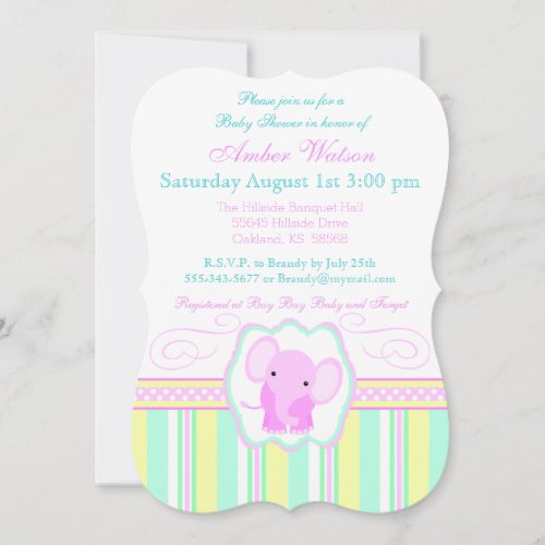 Striped Elephant Baby Girl Shower Invitation