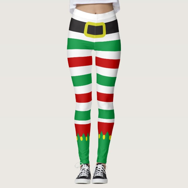 Striped Elf Green Red Christmas Novelty Leggings (Front)