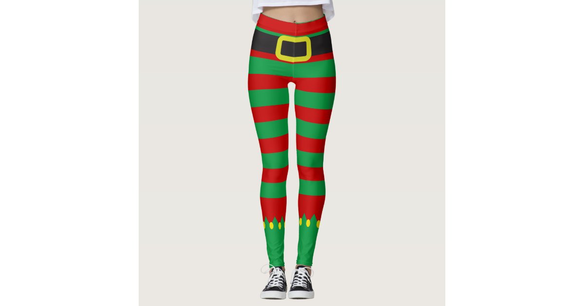 Striped Elf Green Red Novelty Christmas Leggings, Zazzle