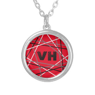 Striped Evh Red White Black Initials  Silver Plated Necklace