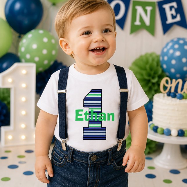 Striped First Birthday Boy T-Shirt (Striped First Birthday Boy T-Shirt)