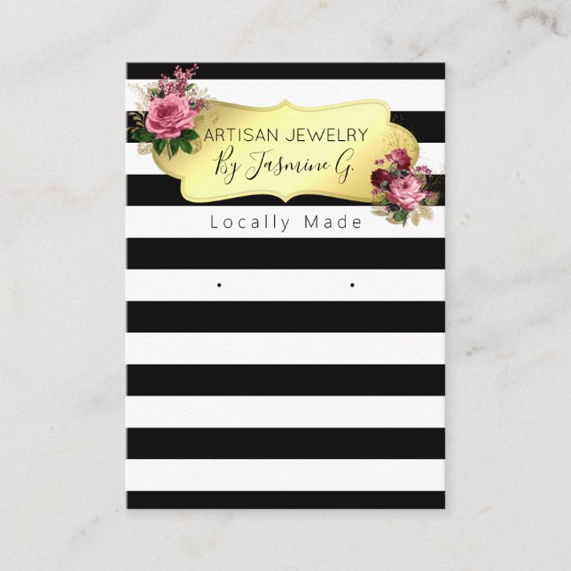 Striped Floral Black White Jewelry Display Card (Front)