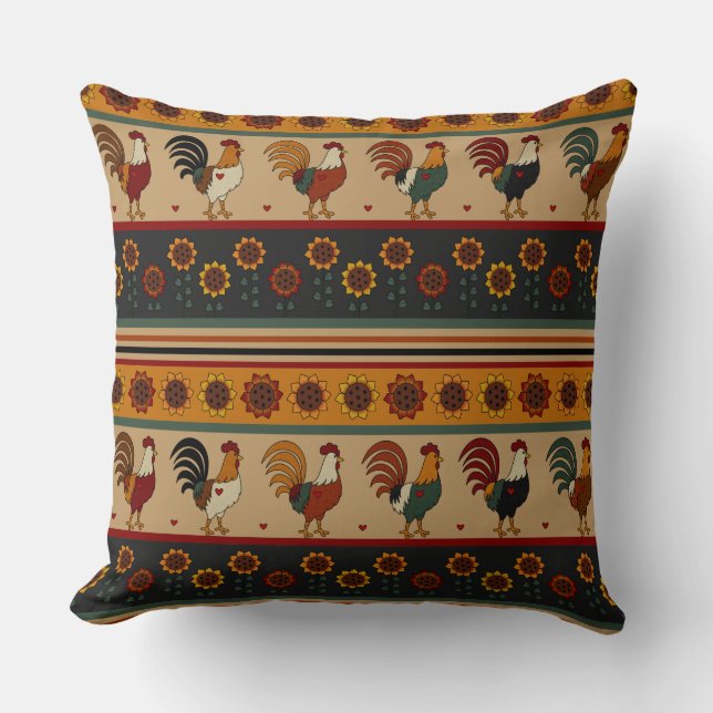 Striped Floral Rooster Pillow (Front)