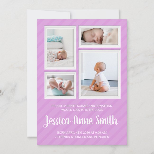 Striped Frame Collage Pink Birth Announcement