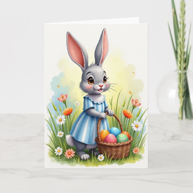 Striped Frock Rabbit Egg Basket Card (Front)