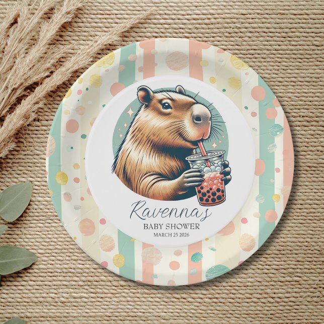 Striped Funny Capybara Custom Name Baby Shower Paper Plates (Creator Uploaded)