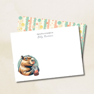 Striped Funny Capybara Custom Name Nursery Note Card