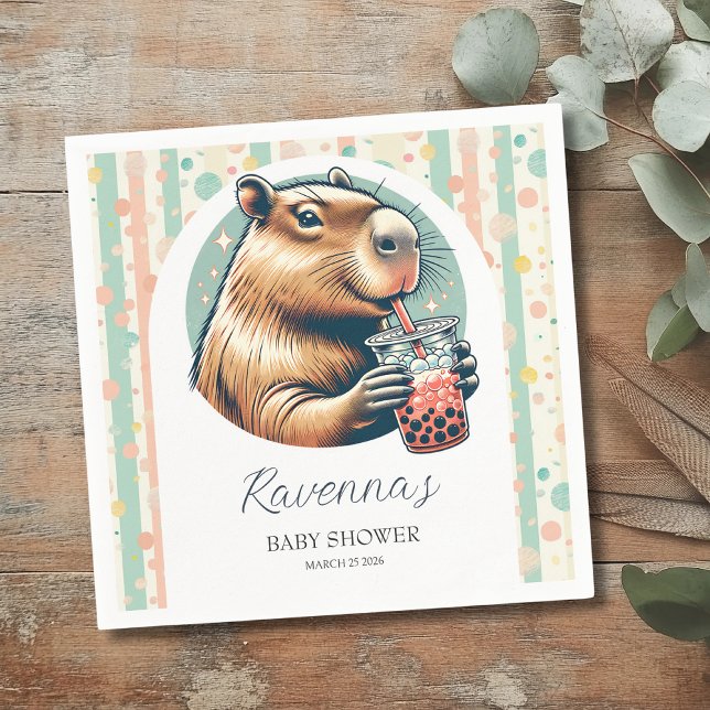 Striped Funny Capybara Personalized Baby Shower Napkins (Creator Uploaded)