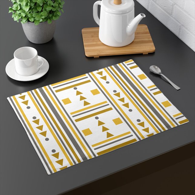 Striped Geometric Modern Chic Placemat (Casual Chic striped and geometric placemat in shades of goldish yellow on white)