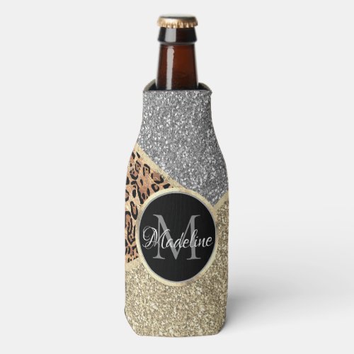 Striped Glitter Leopard Monogram Bottle Cooler