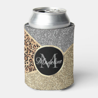 Striped Glitter Leopard Monogram Can Cooler