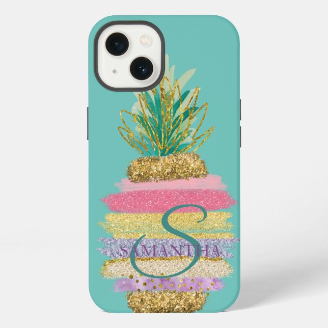  Striped Glitter Pineapple Mint Green  Iphone Case (Back)