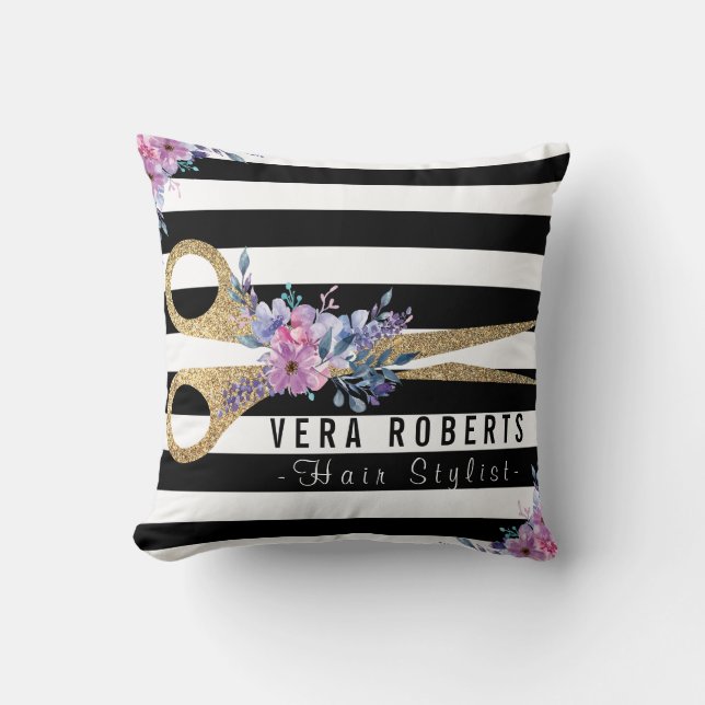 Striped Glitter Scissor Beauty Salon floral Throw Pillow (Front)
