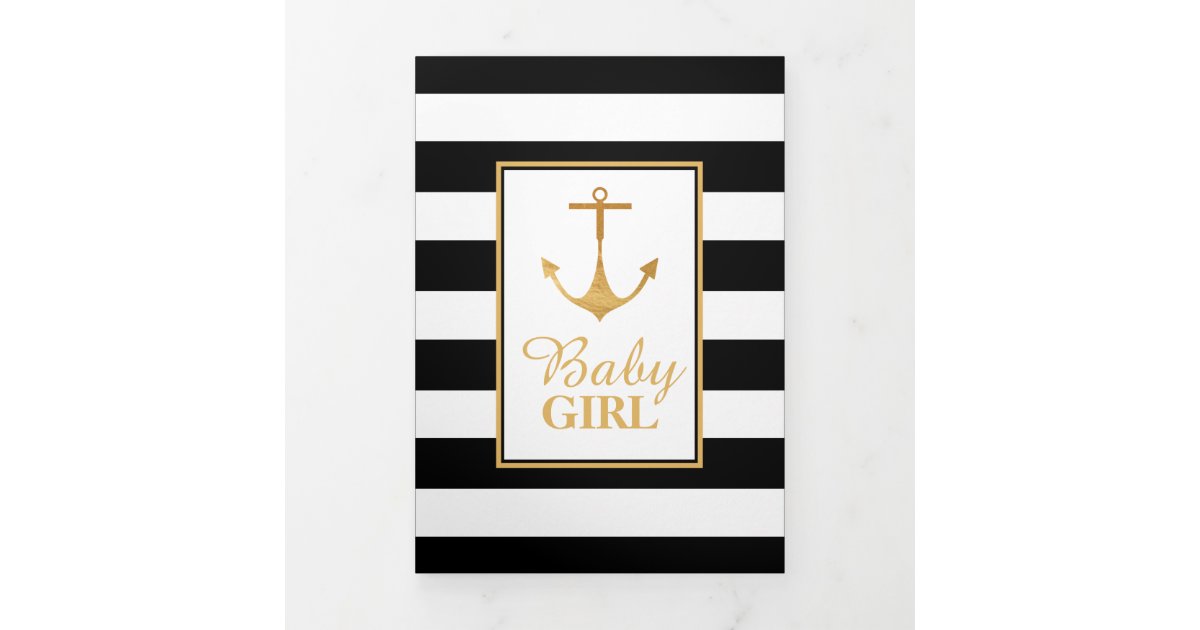 Striped Gold Anchor 5 Photo Collage Baby Birth Tri Fold Announcement Zazzle Com