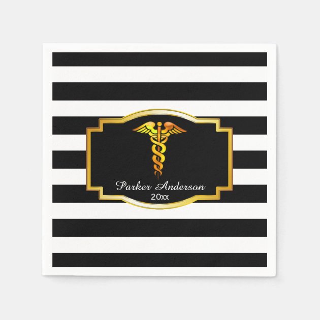 Striped Gold Caduceus Medical | Nursing Graduation Paper Napkin