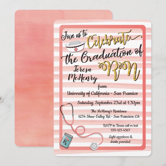 Striped Gold & Coral Nurse Graduation invitations (Front/Back)