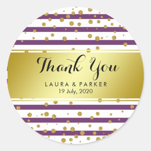 Striped Gold Faux Foil Glitter Thank You Wedding Classic Round Sticker