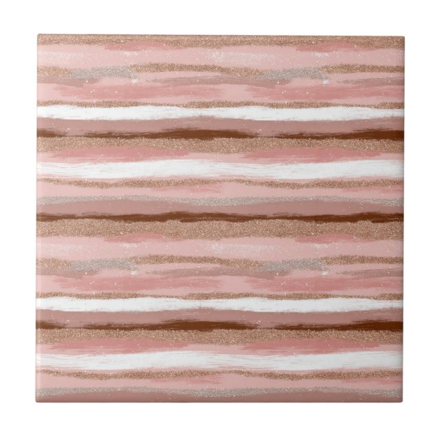 Striped Gold Glitter Pink Ceramic Tile (Front)