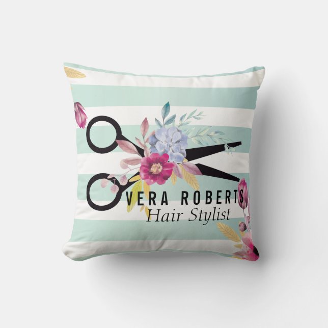 Striped Gold Scissor & Beauty Salon floral Throw Pillow (Front)