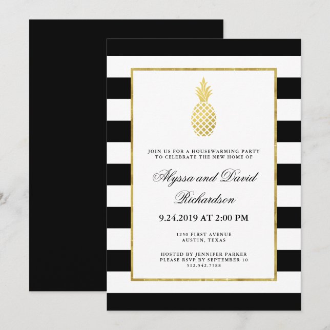 Striped Golden Pineapple Housewarming Party Invitation (Front/Back)
