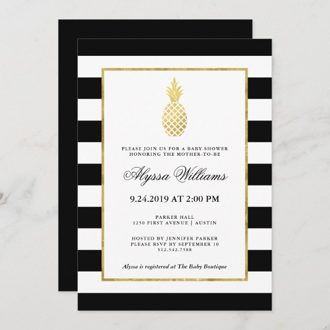 Striped Golden Pineapple Tropical Baby Shower Invitation (Front/Back)