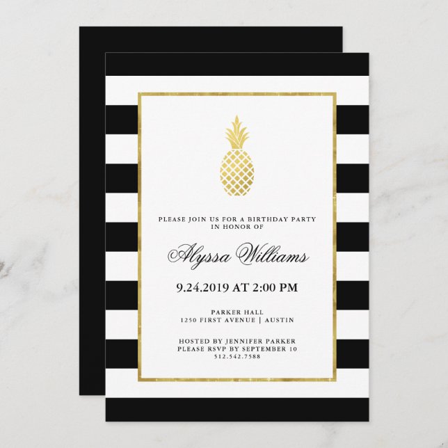 Striped Golden Pineapple Tropical Birthday Party Invitation (Front/Back)
