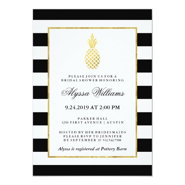 Striped Golden Pineapple Tropical Bridal Shower Invitation