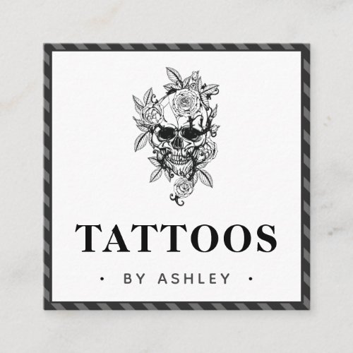 Striped Gray Gothic  Floral Skull Tattoo Artist  Square Business Card