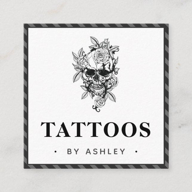Striped Gray Gothic & Floral Skull Tattoo Artist  Square Business Card (Front)