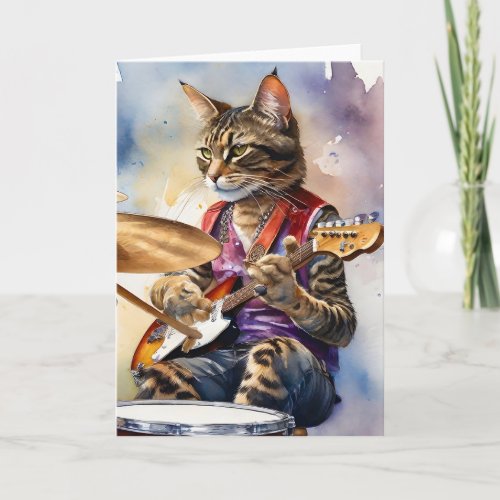 Striped Gray Tabby Cat Rock Star Playing Guitar  Card