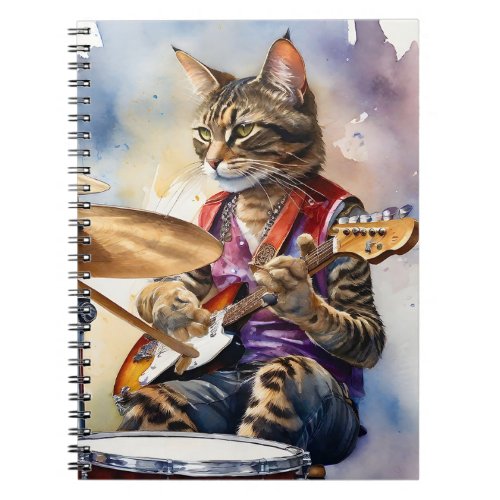 Striped Gray Tabby Cat Rock Star Playing Guitar  Notebook