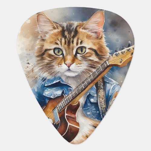 Striped Gray Tabby Cat Rock Star Playing Guitar on Guitar Pick