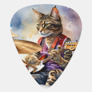 Striped Gray Tabby Cat Rock Star Playing Guitar on Pick