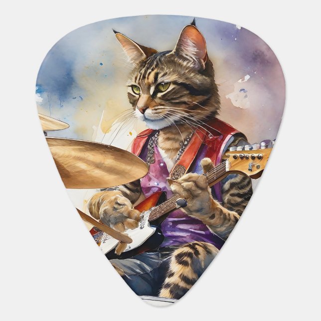 Striped Gray Tabby Cat Rock Star Playing Guitar on Pick (Front)