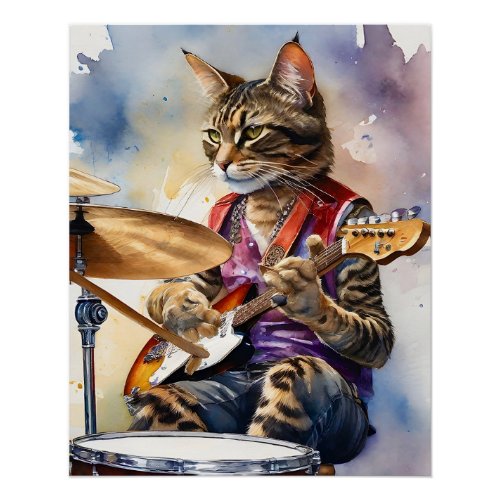 Striped Gray Tabby Cat Rock Star Playing Guitar  Poster