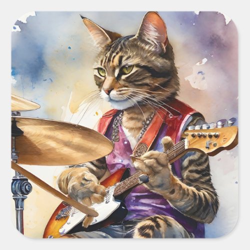 Striped Gray Tabby Cat Rock Star Playing Guitar  Square Sticker