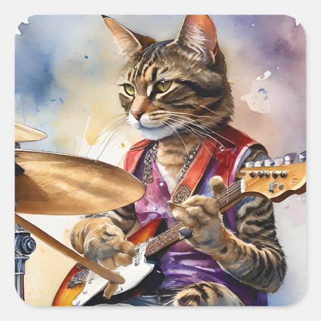 Striped Gray Tabby Cat Rock Star Playing Guitar  Square Sticker (Front)