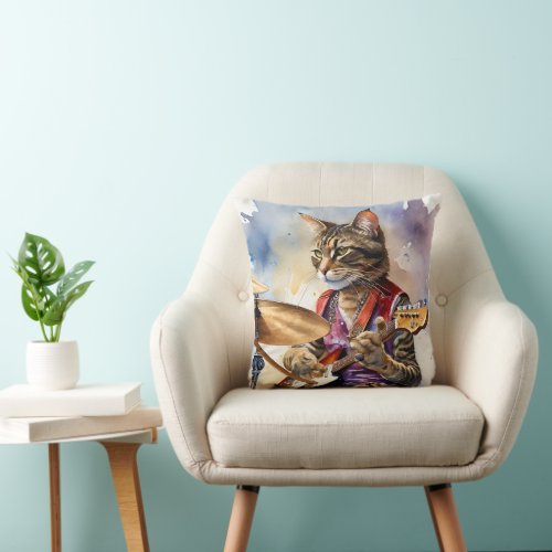 Striped Gray Tabby Cat Rock Star Playing Guitar Throw Pillow