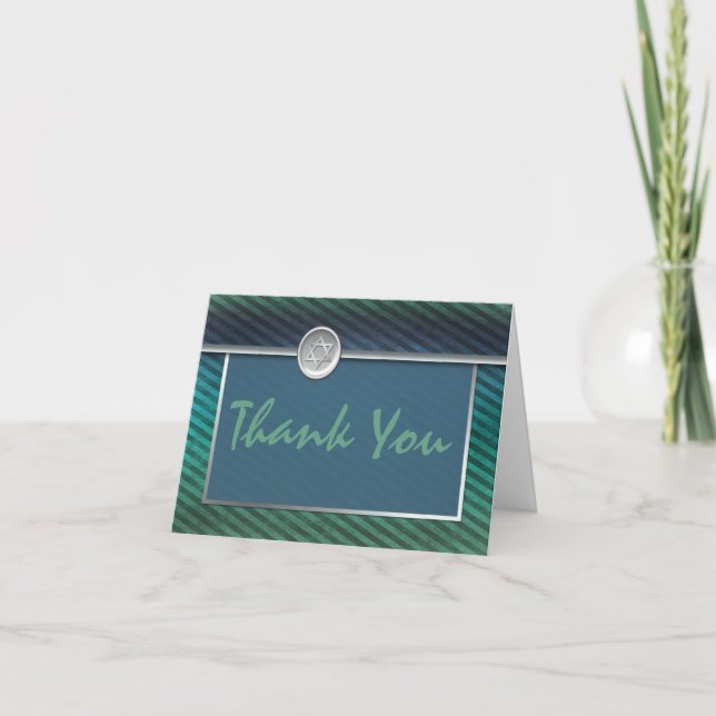 Striped Green and Blue Bar Mitzvah Thank You Card (Front)