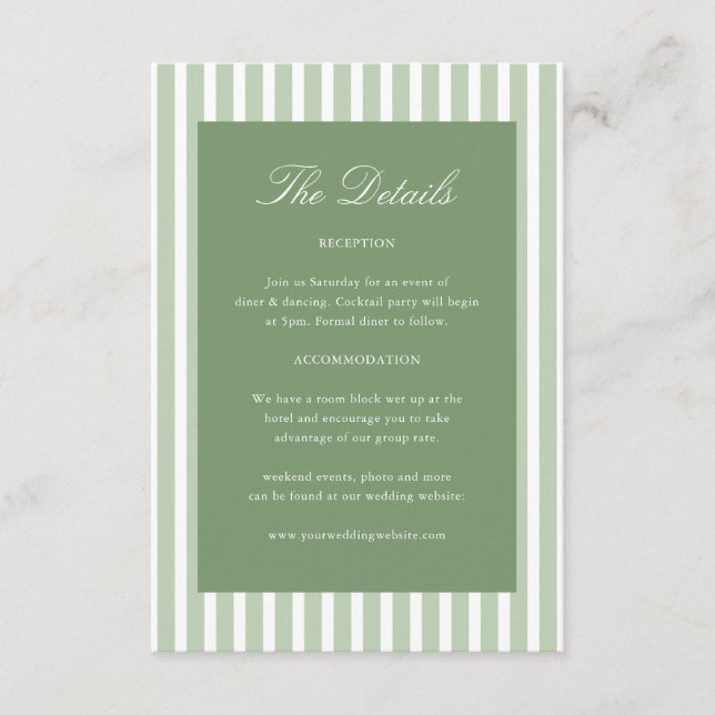Striped Green Classic Wedding Details Enclosure Card (Front)