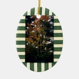Striped Green Cream Border Fall Leaves  Ornament