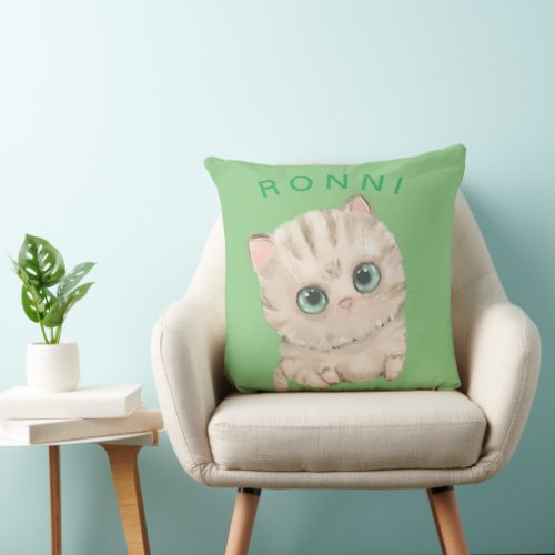 striped green_eyed cute kitten throw pillow
