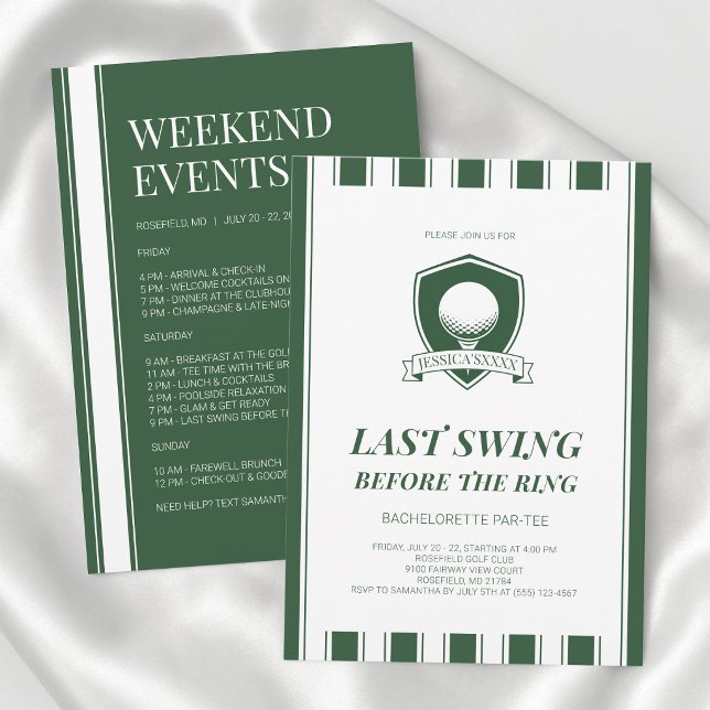 Striped Green Last Swing Golf Bachelorette Party Invitation (Striped Green White Last Swing Golf Bachelor Party Invitation)